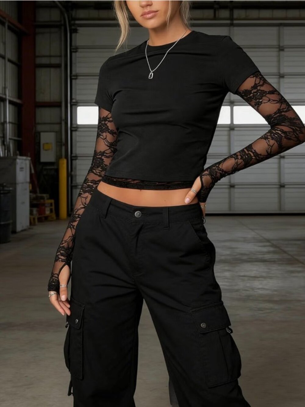 Y2K Black Lace Tee 2Fer T-Shirt Top- M